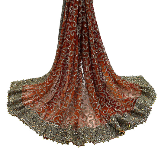 Indian Vintage Heavy Orange Dupatta | Hand Embroidered Net & Tissue Mesh | Zardozi, Dabka, Zari, Sequins, Kundan Work | Bridal Stole