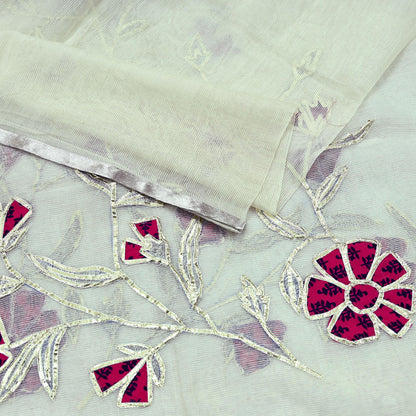 Indian Vintage White Dupatta Long Stole Hand Embroidered Gota Patti Pure Cotton Scarves Veil Mirror Soft Fringes