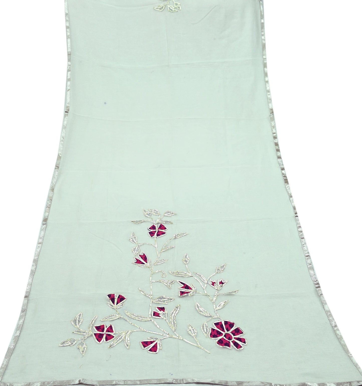 Indian Vintage White Dupatta Long Stole Hand Embroidered Gota Patti Pure Cotton Scarves Veil Mirror Soft Fringes
