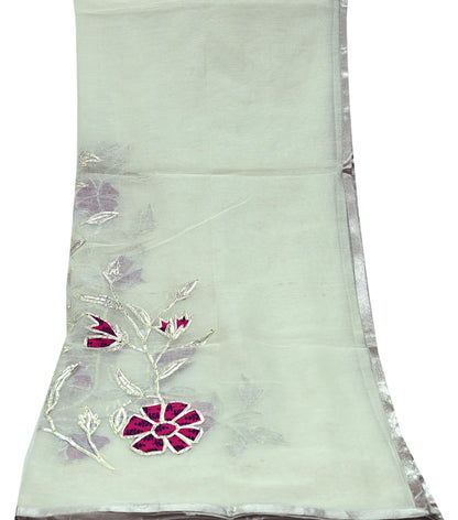 Indian Vintage White Dupatta Long Stole Hand Embroidered Gota Patti Pure Cotton Scarves Veil Mirror Soft Fringes