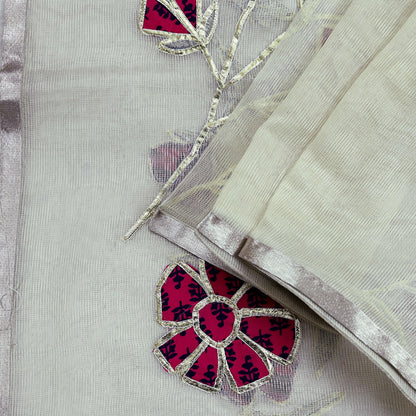 Indian Vintage White Dupatta Long Stole Hand Embroidered Gota Patti Pure Cotton Scarves Veil Mirror Soft Fringes