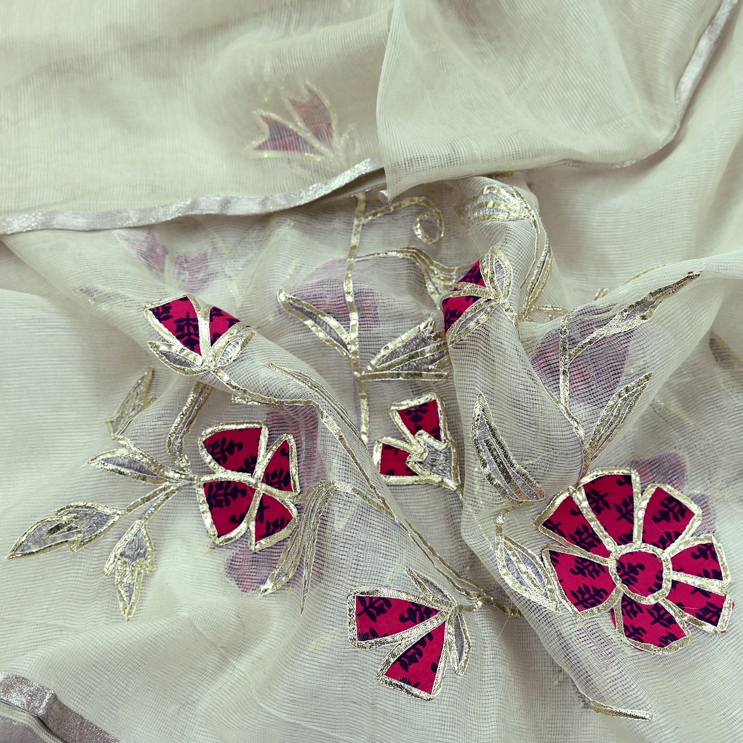 Indian Vintage White Dupatta Long Stole Hand Embroidered Gota Patti Pure Cotton Scarves Veil Mirror Soft Fringes