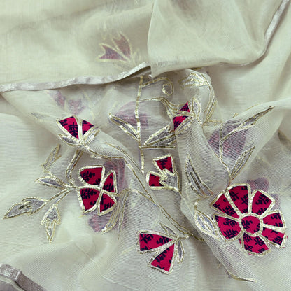 Indian Vintage White Dupatta Long Stole Hand Embroidered Gota Patti Pure Cotton Scarves Veil Mirror Soft Fringes