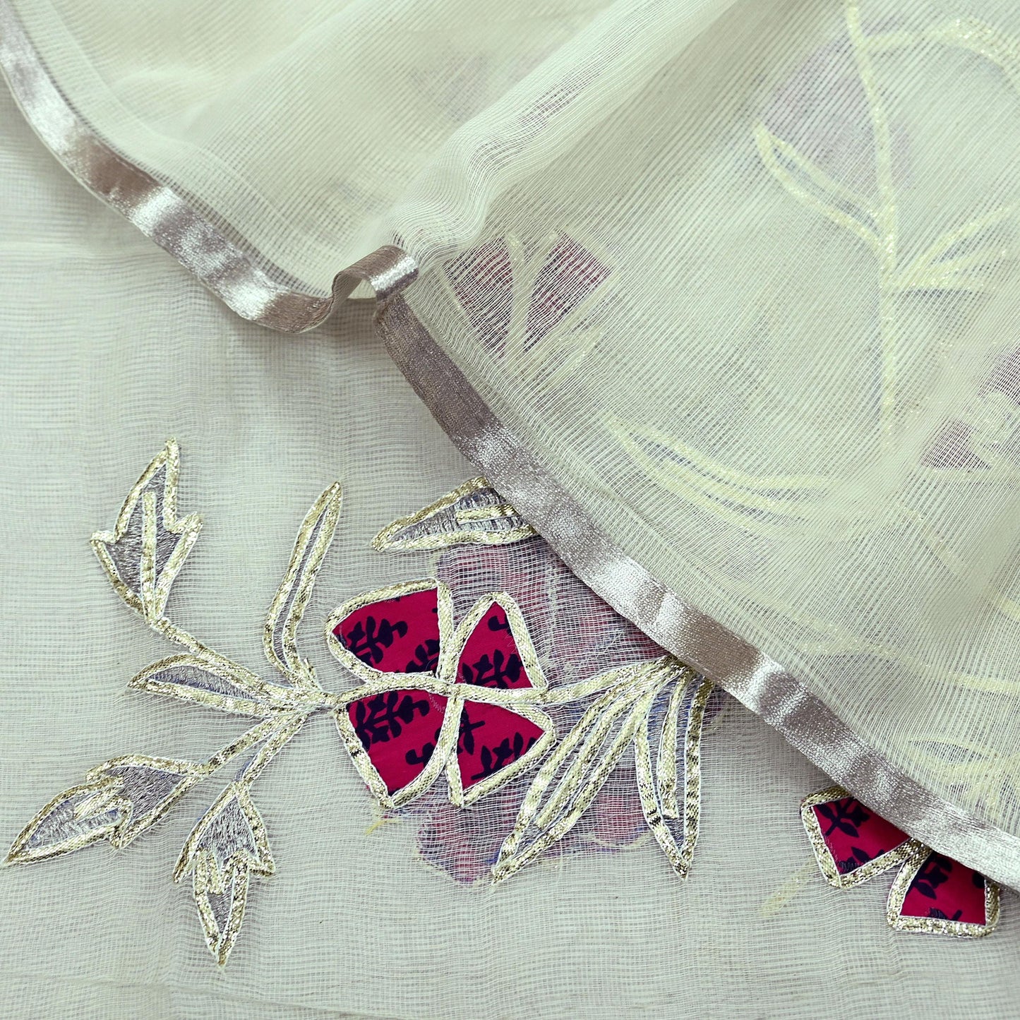 Indian Vintage White Dupatta Long Stole Hand Embroidered Gota Patti Pure Cotton Scarves Veil Mirror Soft Fringes