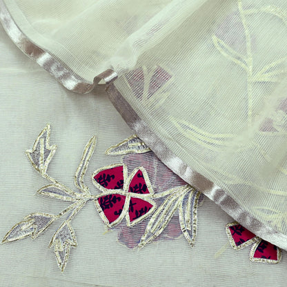 Indian Vintage White Dupatta Long Stole Hand Embroidered Gota Patti Pure Cotton Scarves Veil Mirror Soft Fringes