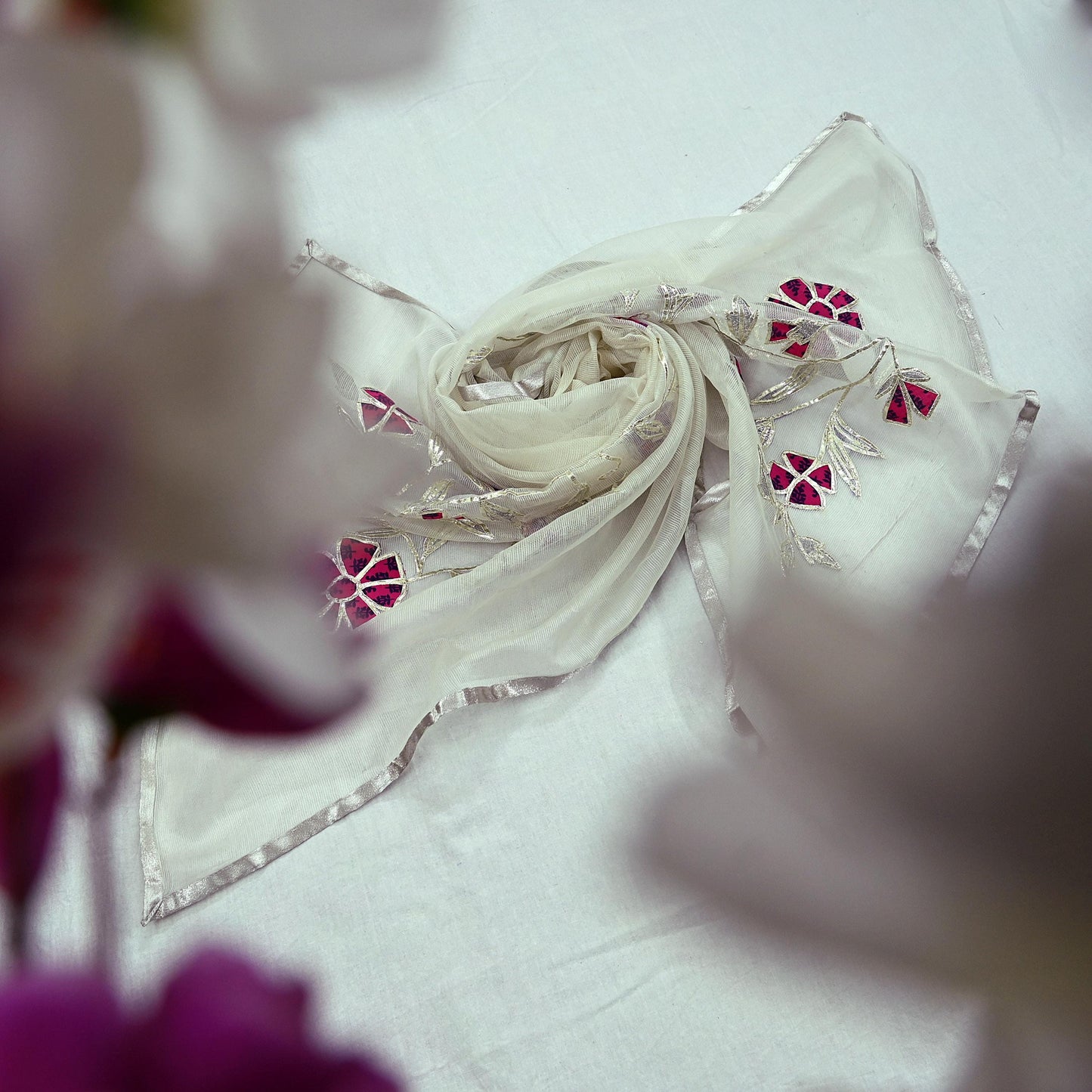 Indian Vintage White Dupatta Long Stole Hand Embroidered Gota Patti Pure Cotton Scarves Veil Mirror Soft Fringes