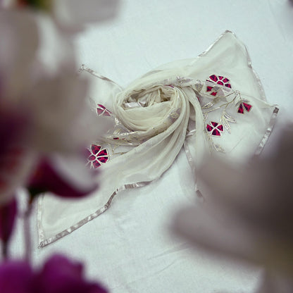 Indian Vintage White Dupatta Long Stole Hand Embroidered Gota Patti Pure Cotton Scarves Veil Mirror Soft Fringes