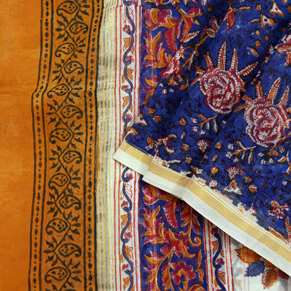 Indian Vintage Blue Dupatta Long Stole Hand Block Print Pure Chanderi Silk Scarves Veil Golden Zari