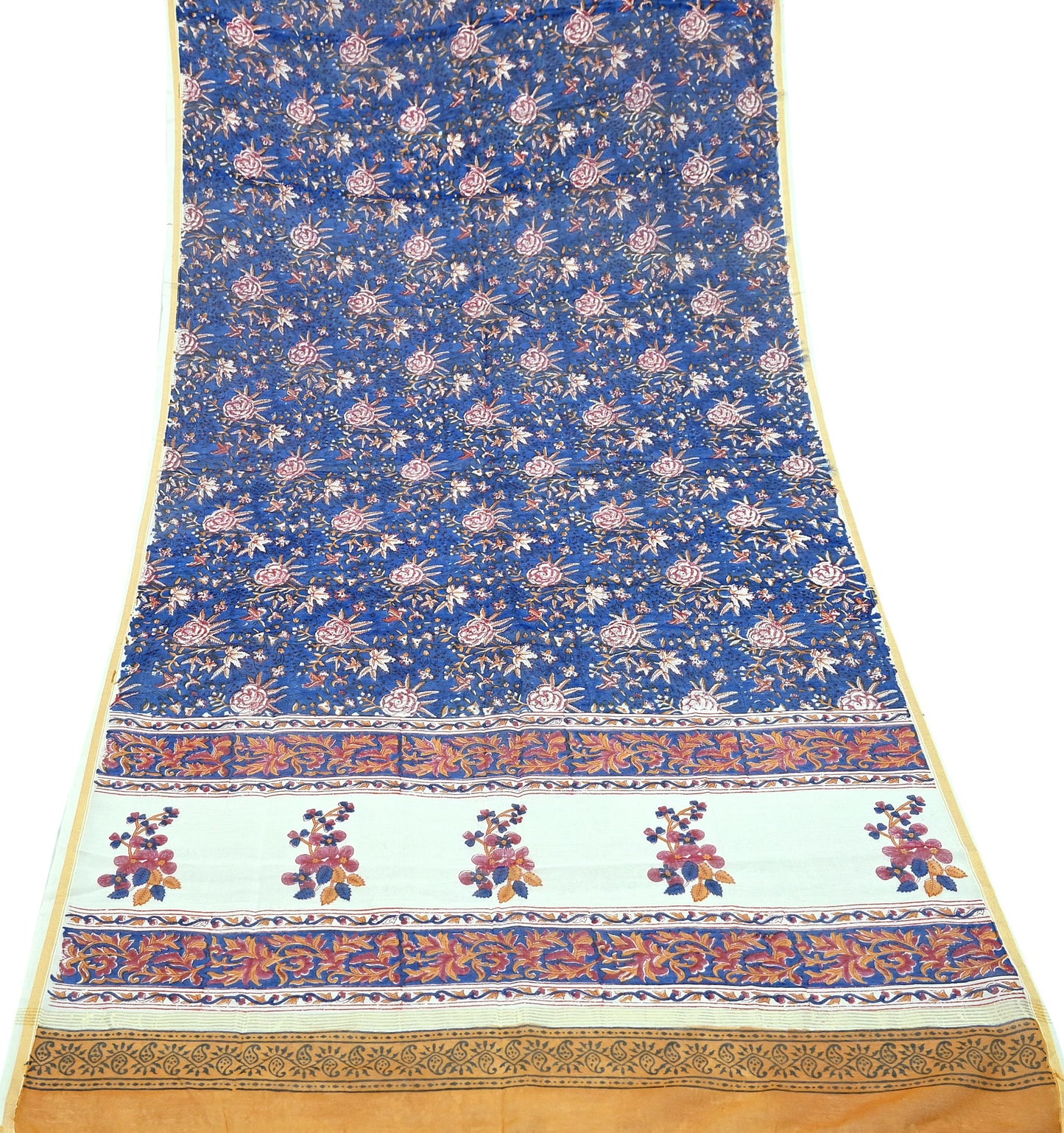 Indian Vintage Blue Dupatta Long Stole Hand Block Print Pure Chanderi Silk Scarves Veil Golden Zari