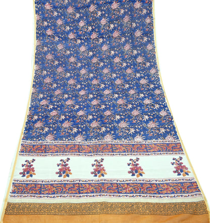Indian Vintage Blue Dupatta Long Stole Hand Block Print Pure Chanderi Silk Scarves Veil Golden Zari