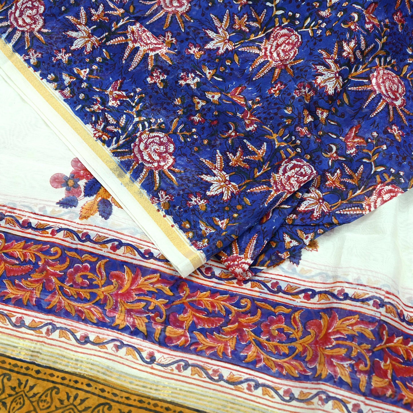 Indian Vintage Blue Dupatta Long Stole Hand Block Print Pure Chanderi Silk Scarves Veil Golden Zari