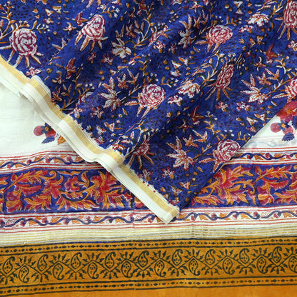 Indian Vintage Blue Dupatta Long Stole Hand Block Print Pure Chanderi Silk Scarves Veil Golden Zari