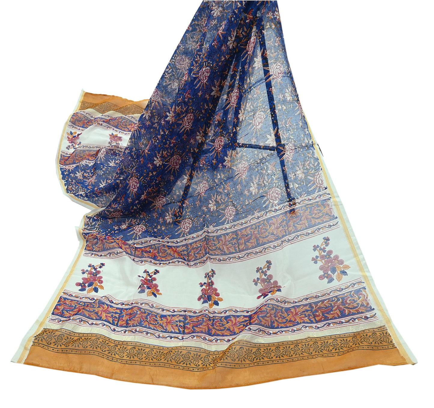 Indian Vintage Blue Dupatta Long Stole Hand Block Print Pure Chanderi Silk Scarves Veil Golden Zari