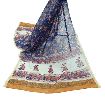 Indian Vintage Blue Dupatta Long Stole Hand Block Print Pure Chanderi Silk Scarves Veil Golden Zari