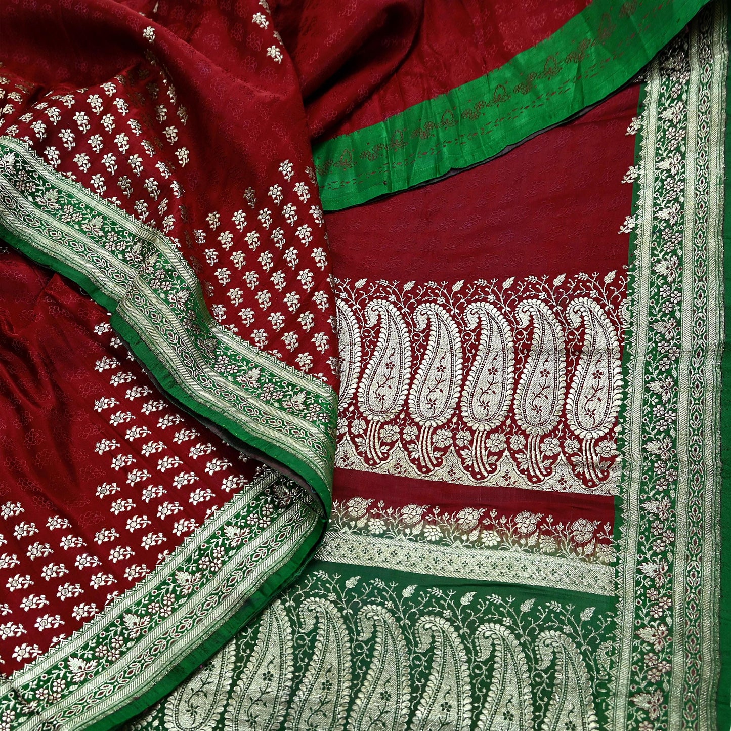 Vintage Banarasi Saree Pure Satin Silk Woven Brocade Zari Fabric Maroon & Green Heavy Craft Sari 5 Yards Indian Antique Textile Dress Making
