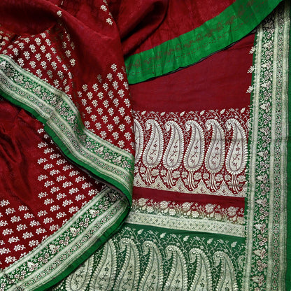 Vintage Banarasi Saree Pure Satin Silk Woven Brocade Zari Fabric Maroon & Green Heavy Craft Sari 5 Yards Indian Antique Textile Dress Making