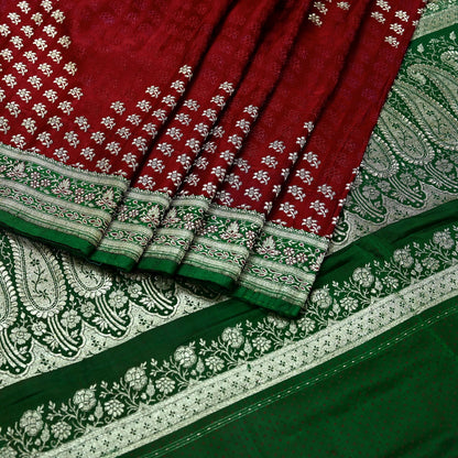 Vintage Banarasi Saree Pure Satin Silk Woven Brocade Zari Fabric Maroon & Green Heavy Craft Sari 5 Yards Indian Antique Textile Dress Making
