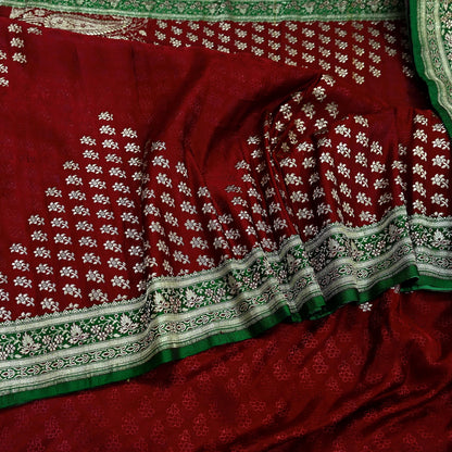 Vintage Banarasi Saree Pure Satin Silk Woven Brocade Zari Fabric Maroon & Green Heavy Craft Sari 5 Yards Indian Antique Textile Dress Making