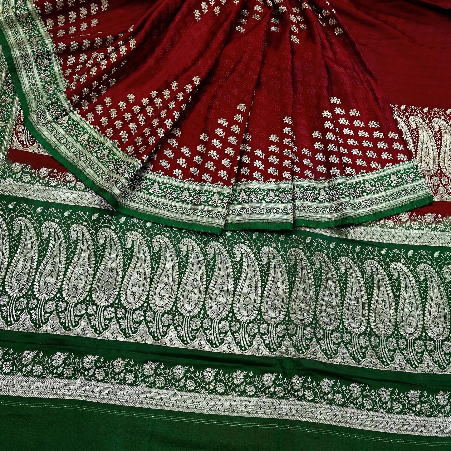 Vintage Banarasi Saree Pure Satin Silk Woven Brocade Zari Fabric Maroon & Green Heavy Craft Sari 5 Yards Indian Antique Textile Dress Making