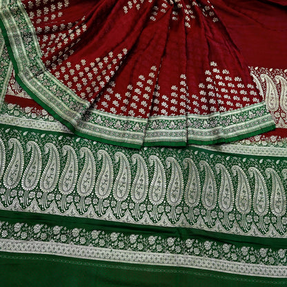 Vintage Banarasi Saree Pure Satin Silk Woven Brocade Zari Fabric Maroon & Green Heavy Craft Sari 5 Yards Indian Antique Textile Dress Making