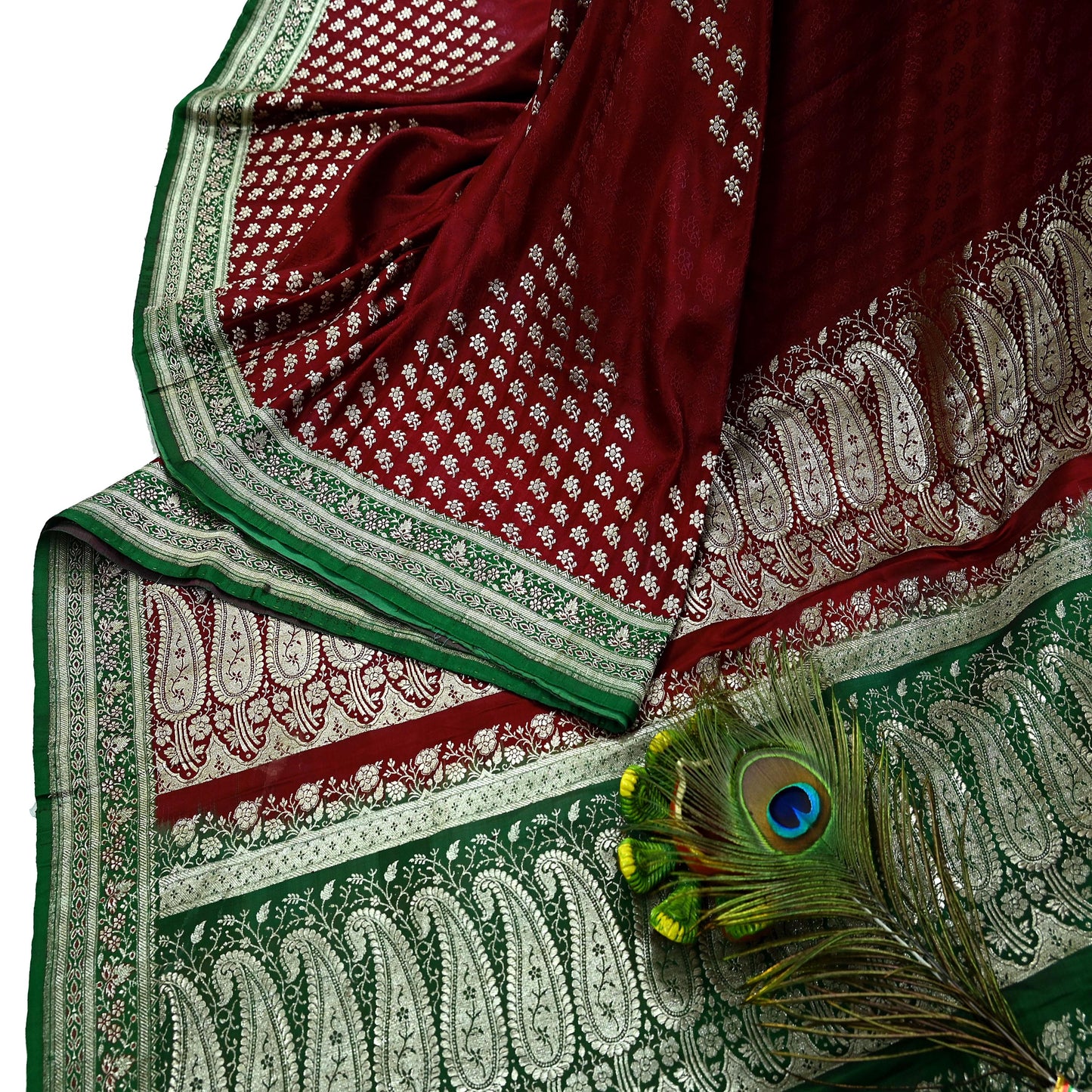 Vintage Banarasi Saree Pure Satin Silk Woven Brocade Zari Fabric Maroon & Green Heavy Craft Sari 5 Yards Indian Antique Textile Dress Making