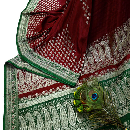 Vintage Banarasi Saree Pure Satin Silk Woven Brocade Zari Fabric Maroon & Green Heavy Craft Sari 5 Yards Indian Antique Textile Dress Making