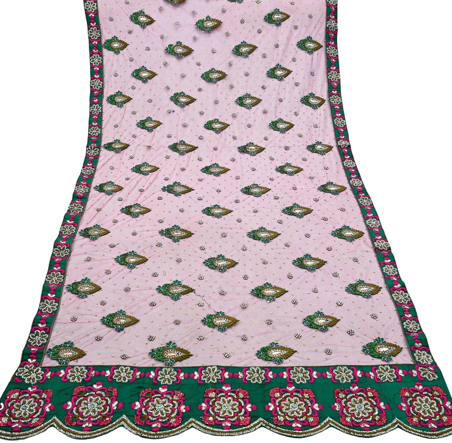 Indian Vintage Heavy Bridal Pink Dupatta Net Mesh Long Stole Hand Embroidered Scarves Golden Zardozi Dabka Zari Sequins Wedding Veil Hijab