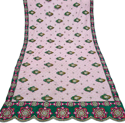Indian Vintage Heavy Bridal Pink Dupatta Net Mesh Long Stole Hand Embroidered Scarves Golden Zardozi Dabka Zari Sequins Wedding Veil Hijab