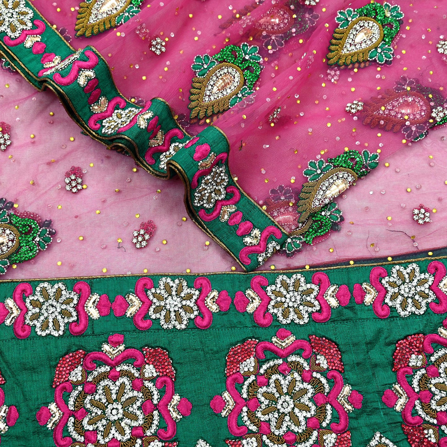 Indian Vintage Heavy Bridal Pink Dupatta Net Mesh Long Stole Hand Embroidered Scarves Golden Zardozi Dabka Zari Sequins Wedding Veil Hijab