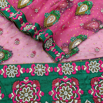 Indian Vintage Heavy Bridal Pink Dupatta Net Mesh Long Stole Hand Embroidered Scarves Golden Zardozi Dabka Zari Sequins Wedding Veil Hijab