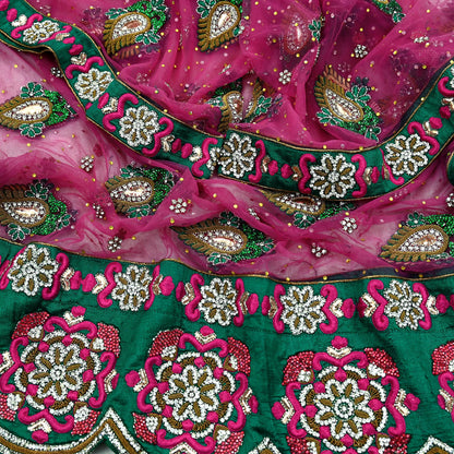 Indian Vintage Heavy Bridal Pink Dupatta Net Mesh Long Stole Hand Embroidered Scarves Golden Zardozi Dabka Zari Sequins Wedding Veil Hijab