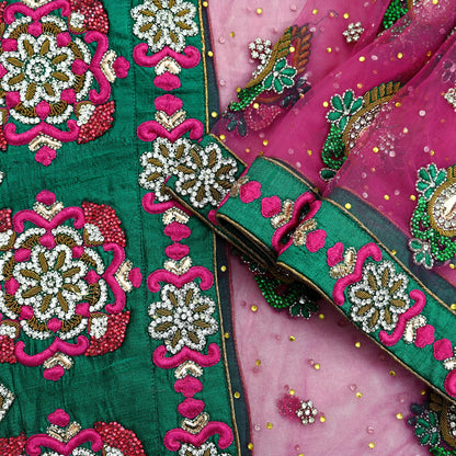 Indian Vintage Heavy Bridal Pink Dupatta Net Mesh Long Stole Hand Embroidered Scarves Golden Zardozi Dabka Zari Sequins Wedding Veil Hijab