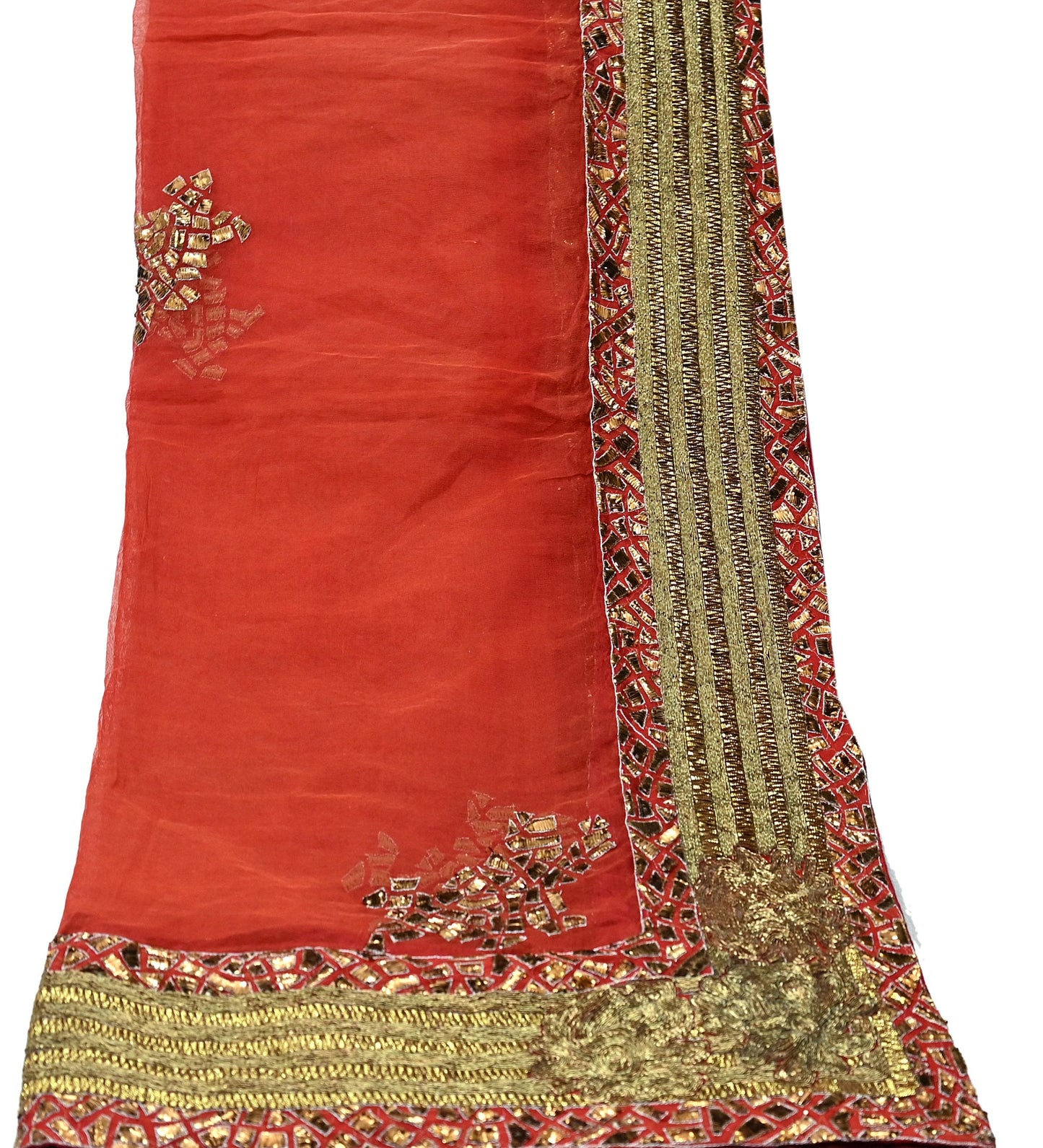 Indian Vintage Heavy Orange Net/Mesh/ Velvet Hand Embroidered Dupatta Designer By Anamika Khanna Bridal Wear Dabka Zardozi Veil Hijab