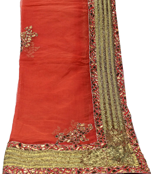 Indian Vintage Heavy Orange Net/Mesh/ Velvet Hand Embroidered Dupatta Designer By Anamika Khanna Bridal Wear Dabka Zardozi Veil Hijab