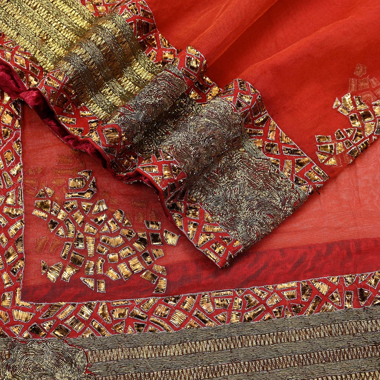 Indian Vintage Heavy Orange Net/Mesh/ Velvet Hand Embroidered Dupatta Designer By Anamika Khanna Bridal Wear Dabka Zardozi Veil Hijab
