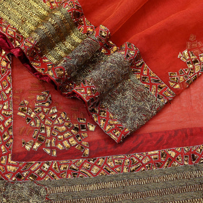 Indian Vintage Heavy Orange Net/Mesh/ Velvet Hand Embroidered Dupatta Designer By Anamika Khanna Bridal Wear Dabka Zardozi Veil Hijab