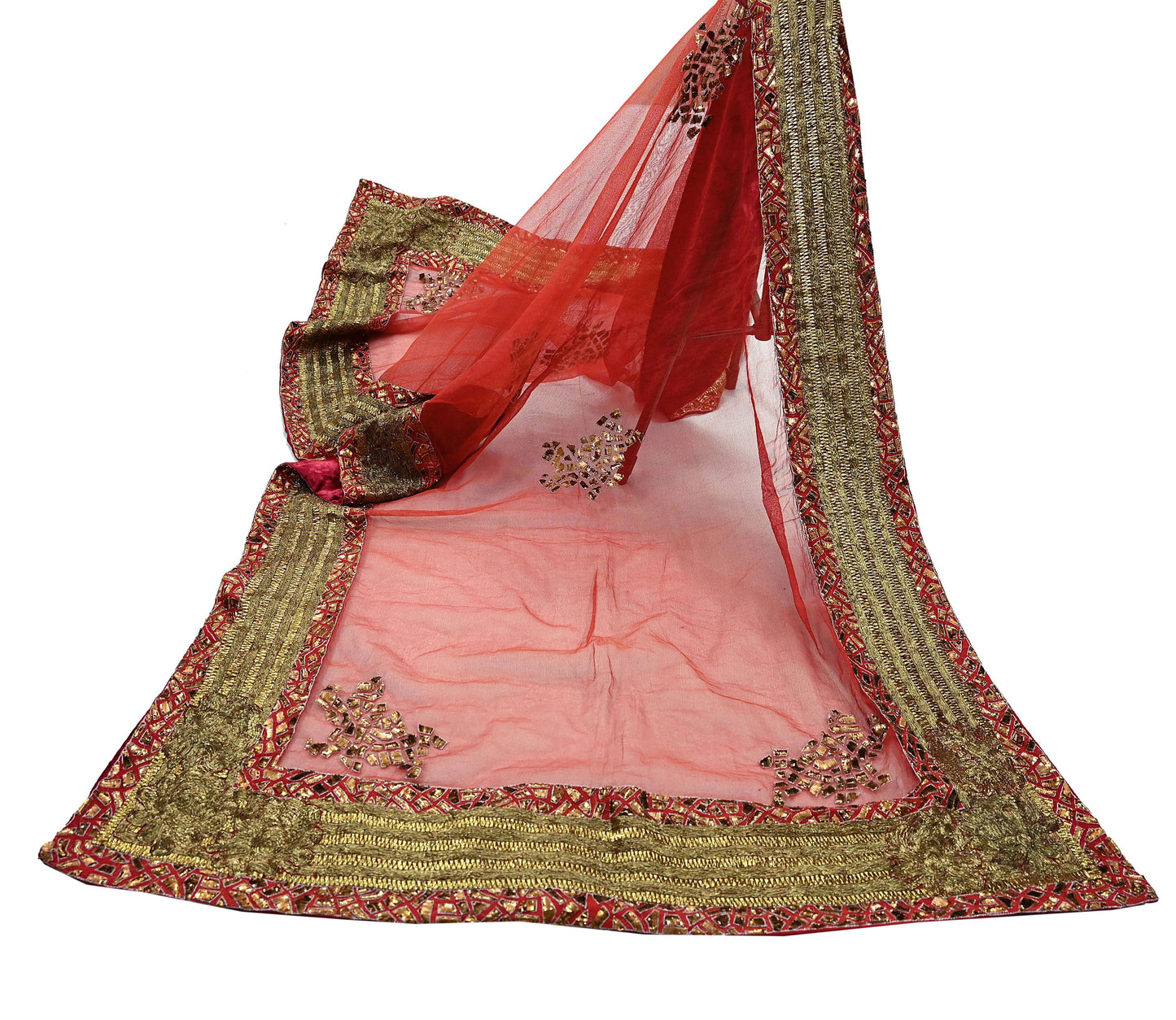 Indian Vintage Heavy Orange Net/Mesh/ Velvet Hand Embroidered Dupatta Designer By Anamika Khanna Bridal Wear Dabka Zardozi Veil Hijab