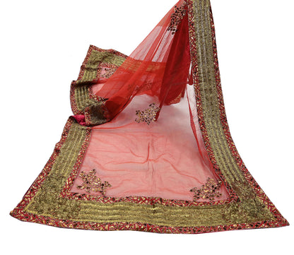 Indian Vintage Heavy Orange Net/Mesh/ Velvet Hand Embroidered Dupatta Designer By Anamika Khanna Bridal Wear Dabka Zardozi Veil Hijab