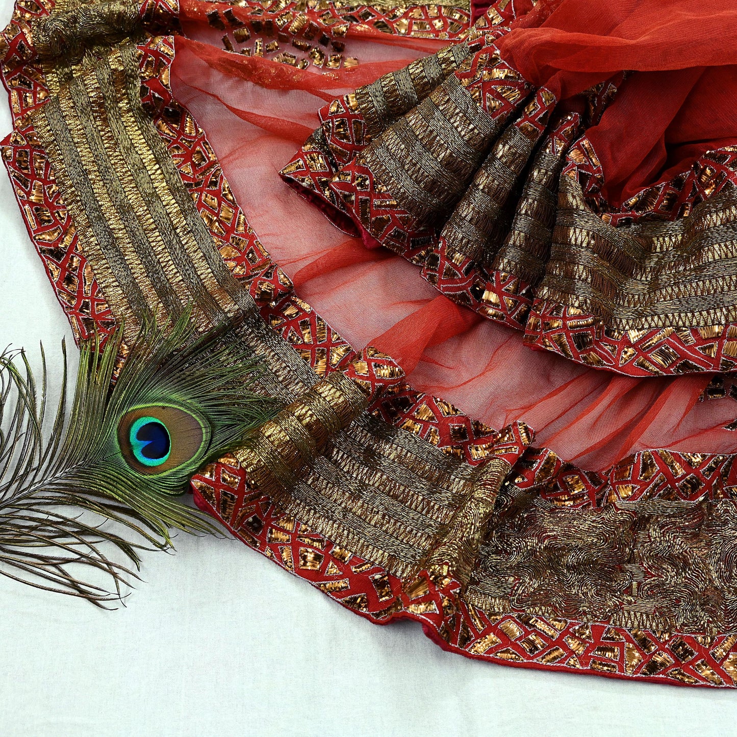 Indian Vintage Heavy Orange Net/Mesh/ Velvet Hand Embroidered Dupatta Designer By Anamika Khanna Bridal Wear Dabka Zardozi Veil Hijab