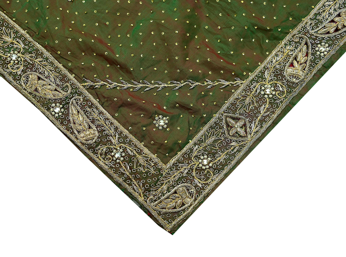 Indian Vintage Green Dupatta Pure Silk Long Stole Hand Embroidered Scarves Floral Design Stole Veil Wrap Sequins