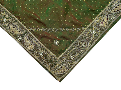 Indian Vintage Green Dupatta Pure Silk Long Stole Hand Embroidered Scarves Floral Design Stole Veil Wrap Sequins