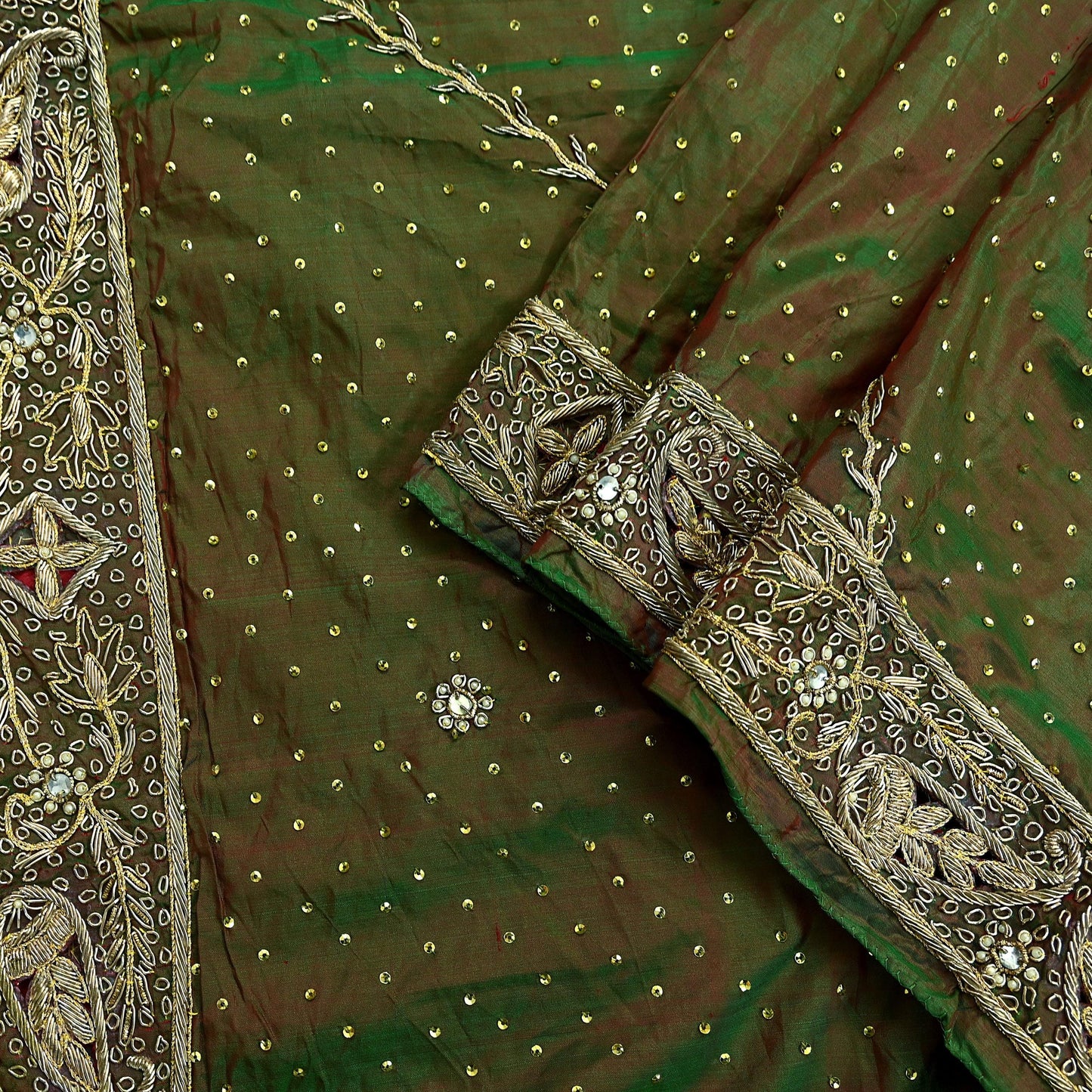 Indian Vintage Green Dupatta Pure Silk Long Stole Hand Embroidered Scarves Floral Design Stole Veil Wrap Sequins