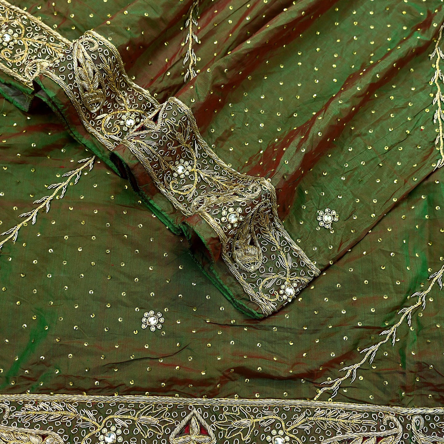 Indian Vintage Green Dupatta Pure Silk Long Stole Hand Embroidered Scarves Floral Design Stole Veil Wrap Sequins