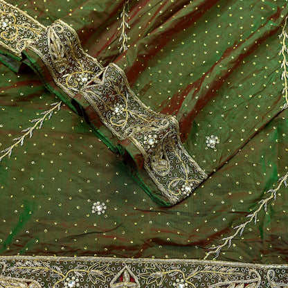 Indian Vintage Green Dupatta Pure Silk Long Stole Hand Embroidered Scarves Floral Design Stole Veil Wrap Sequins