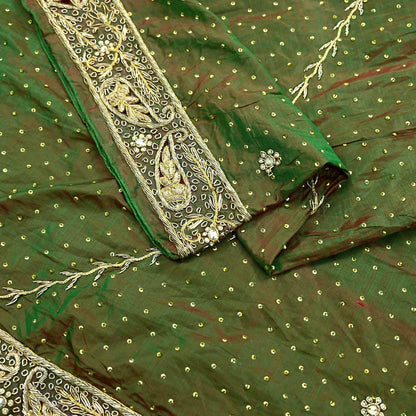 Indian Vintage Green Dupatta Pure Silk Long Stole Hand Embroidered Scarves Floral Design Stole Veil Wrap Sequins