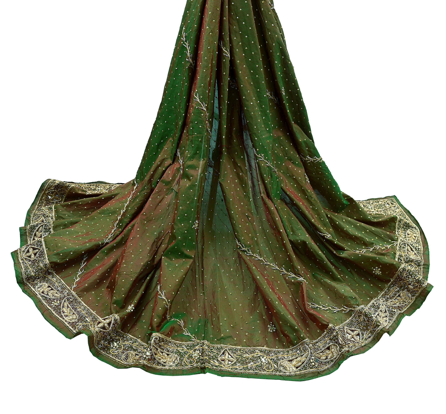Indian Vintage Green Dupatta Pure Silk Long Stole Hand Embroidered Scarves Floral Design Stole Veil Wrap Sequins