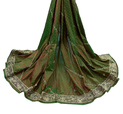 Indian Vintage Green Dupatta Pure Silk Long Stole Hand Embroidered Scarves Floral Design Stole Veil Wrap Sequins