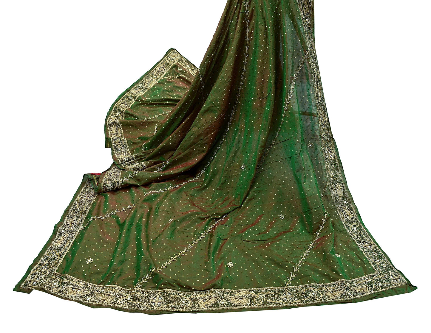 Indian Vintage Green Dupatta Pure Silk Long Stole Hand Embroidered Scarves Floral Design Stole Veil Wrap Sequins
