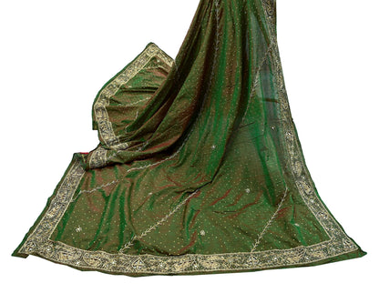 Indian Vintage Green Dupatta Pure Silk Long Stole Hand Embroidered Scarves Floral Design Stole Veil Wrap Sequins