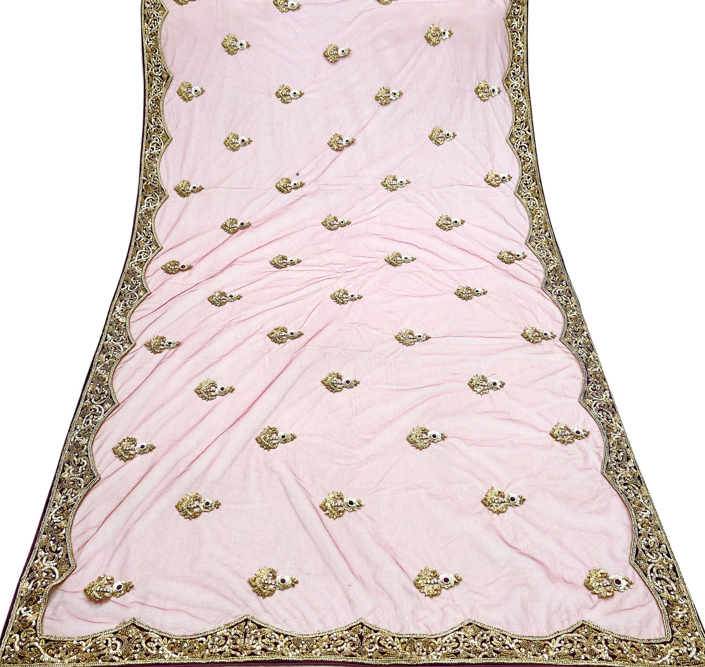 Indian Vintage Heavy Wedding Pink Net/Mesh/ Velvet Hand Embroidered Dupatta Designer By Anamika Khanna Bridal Wear Dabka Zardozi Veil Hijab
